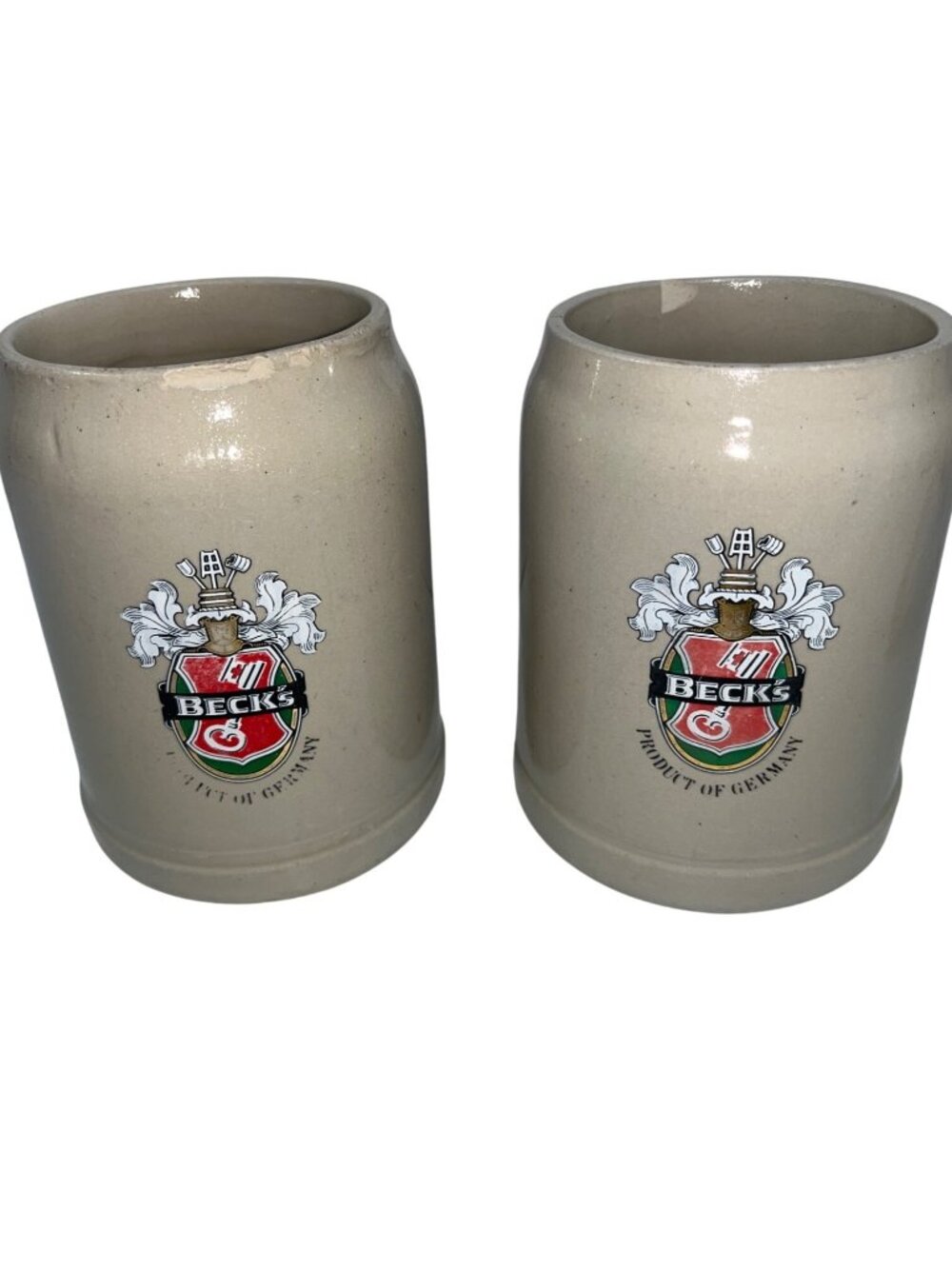Becks Germany Beer Stein Mug Set Of 2 Ceramic 0.5L Beige With Handles Vintage